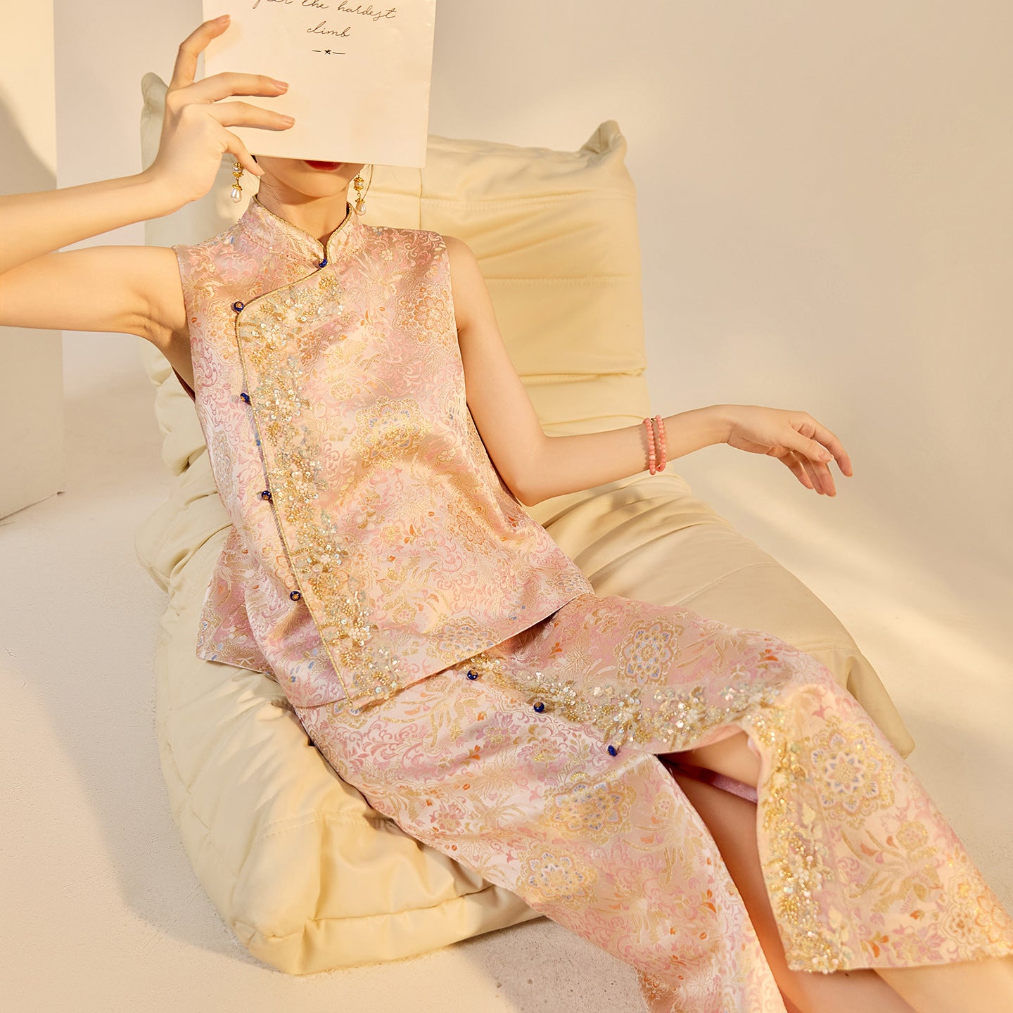 Elegant Beaded Asymmetrical Vest & High Waist Skirt Set