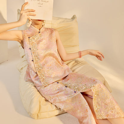 Elegant Beaded Asymmetrical Vest & High Waist Skirt Set