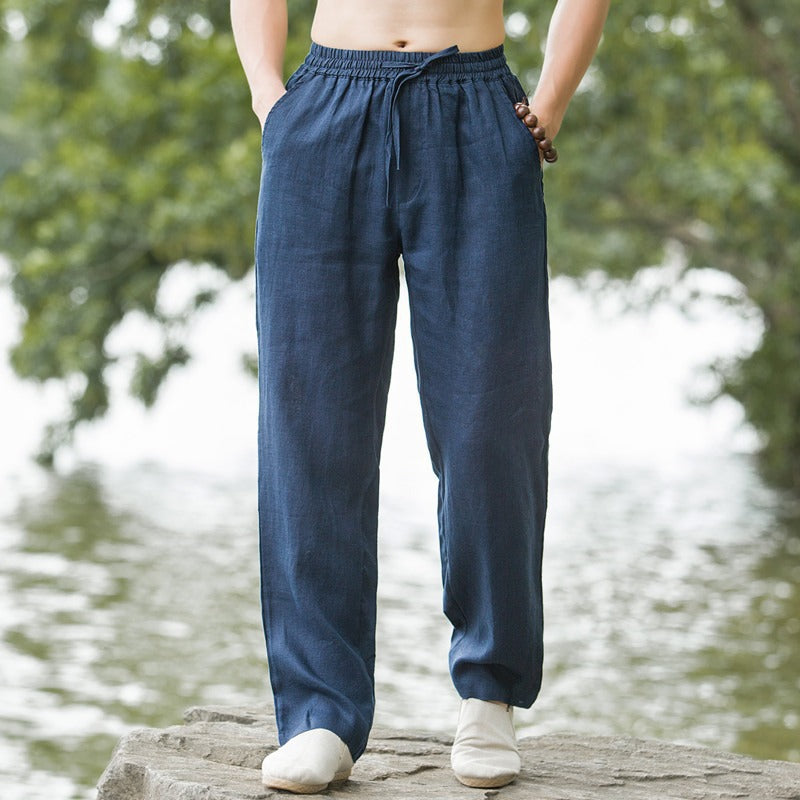 Mens Summer Thin Breathable Linen Pants Cotton Linen Wide Leg Casual