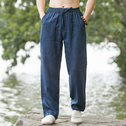 Mens Summer Thin Breathable Linen Pants Cotton Linen Wide Leg Casual