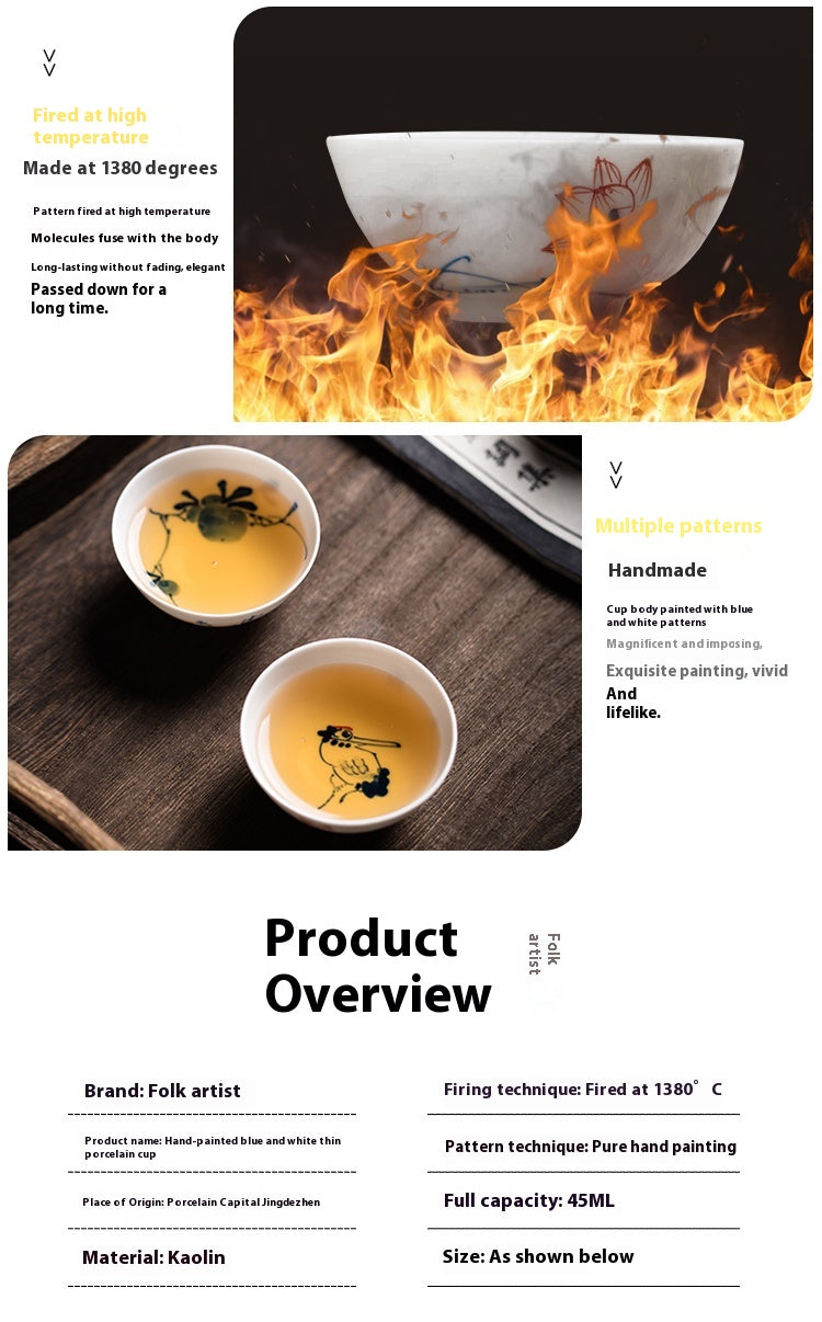 Hand-Painted Blue and White Porcelain Master Tea Cup Jingdezhen