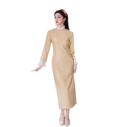 Yellow Fleece-Lined Qipao | Winter Thickened Long Sleeve New Chinese Style 2025