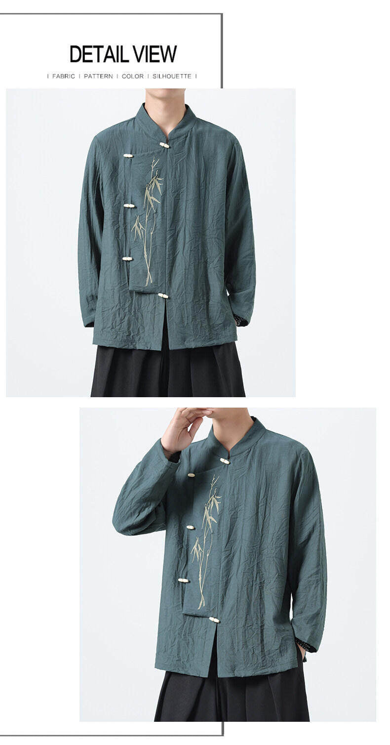 Chinese Style Mens Slanted Collar Hanfu Shirt Long Sleeve Tea Dress