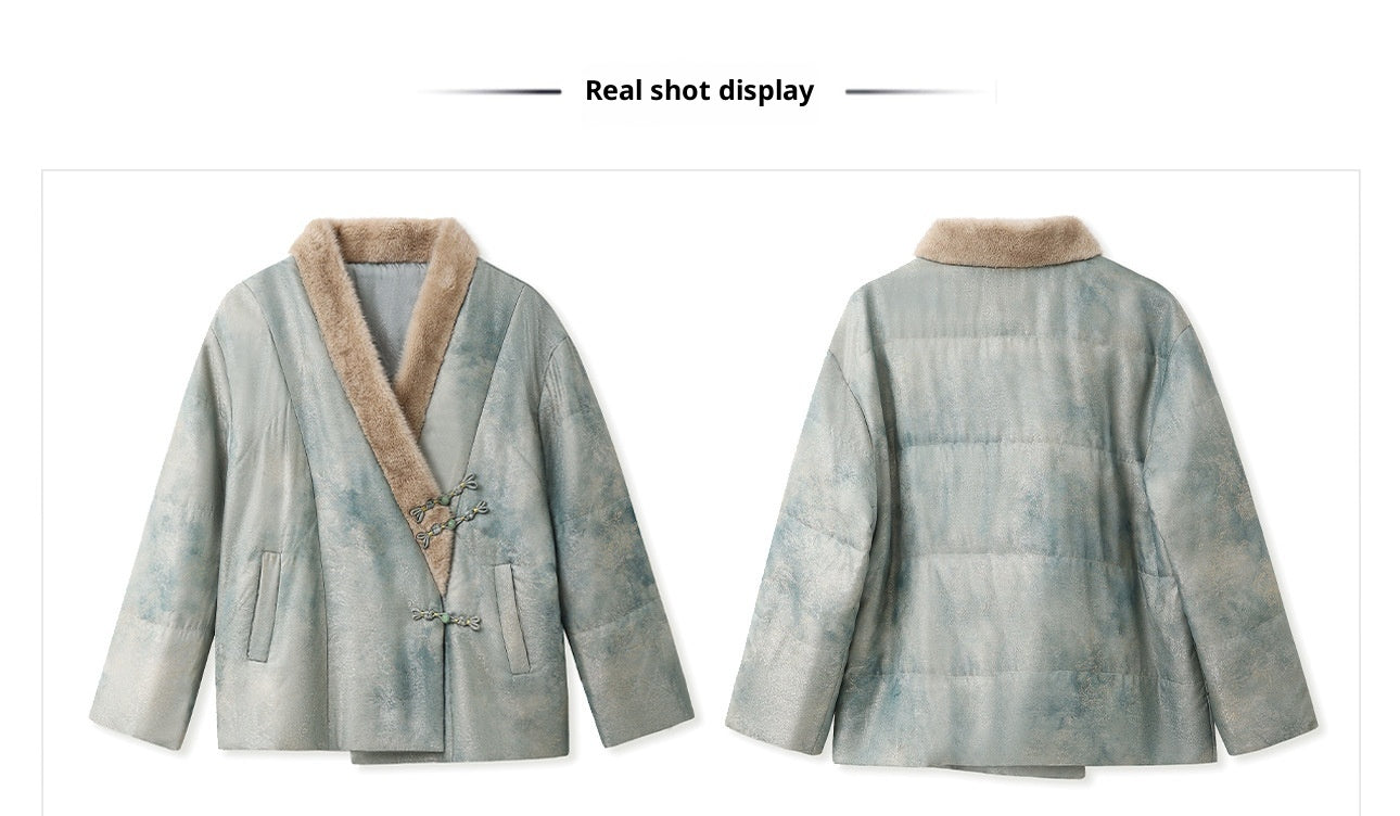 New Chinese Style Feather Collar Embroidered Cotton Jacket for Women