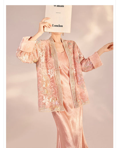 Spring New Chinese Style Velvet Sequin Embroidered Mesh Blouse