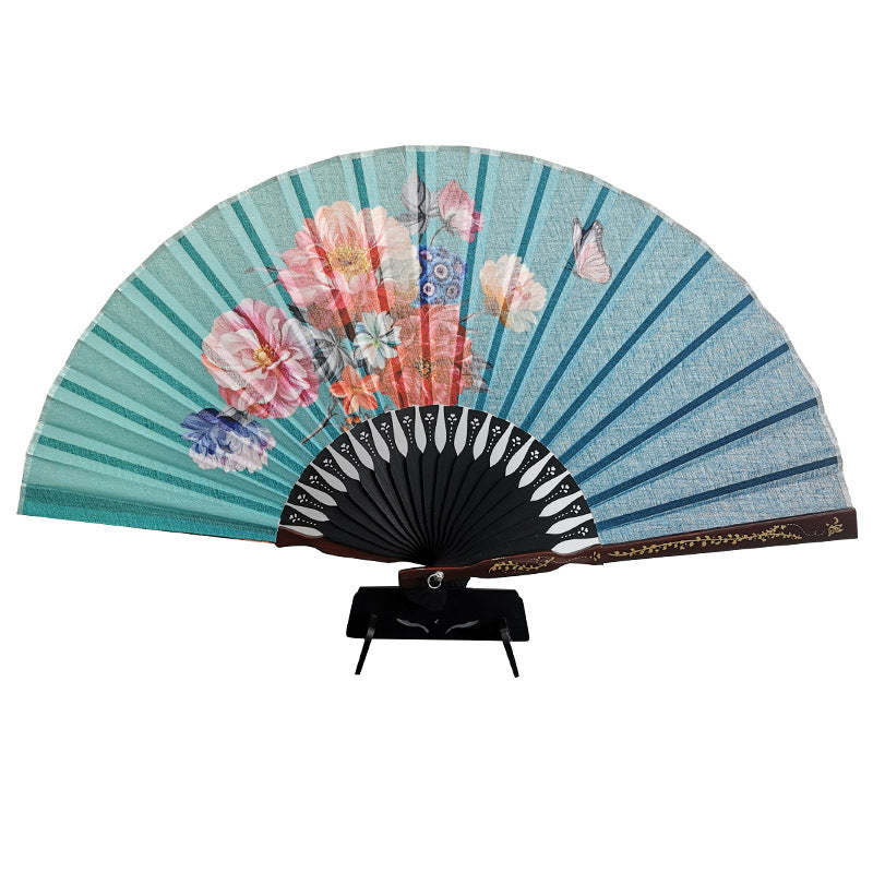Summer Chinese Folding Fan — Ancient Style Cotton Linen Fan with Tassels