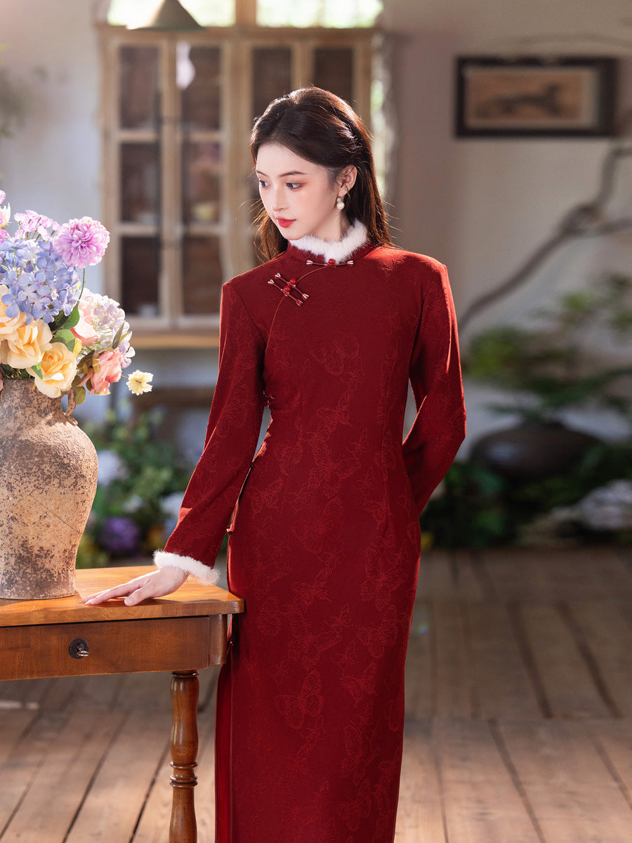 2025 New Red Velvet Cheongsam | Daily & Engagement Warm Dress