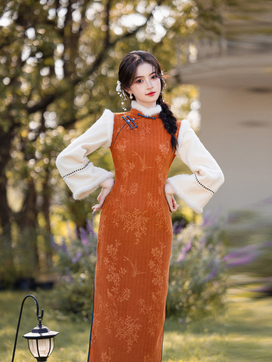2025 Winter Chenille Fleece Long Cheongsam Patchwork New Chinese Style