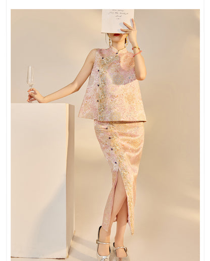 Elegant Beaded Asymmetrical Vest & High Waist Skirt Set