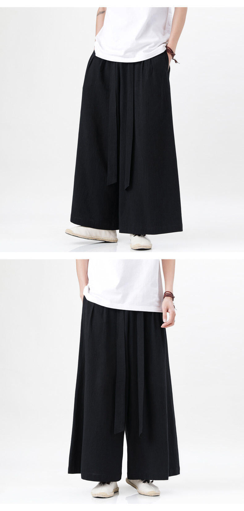 Mens Chinese Style Hanfu Linen Nine Point Retro Wide Leg Pants