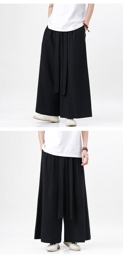 Mens Chinese Style Hanfu Linen Nine Point Retro Wide Leg Pants