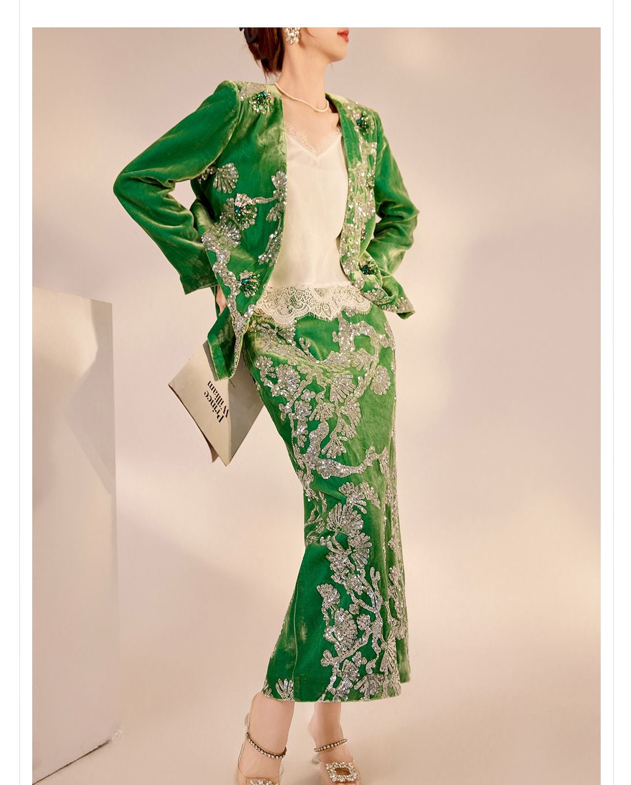 2025 Spring New Chinese Beaded Embroidered Silk Cardigan & Skirt Set