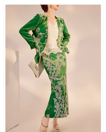 2025 Spring New Chinese Beaded Embroidered Silk Cardigan & Skirt Set