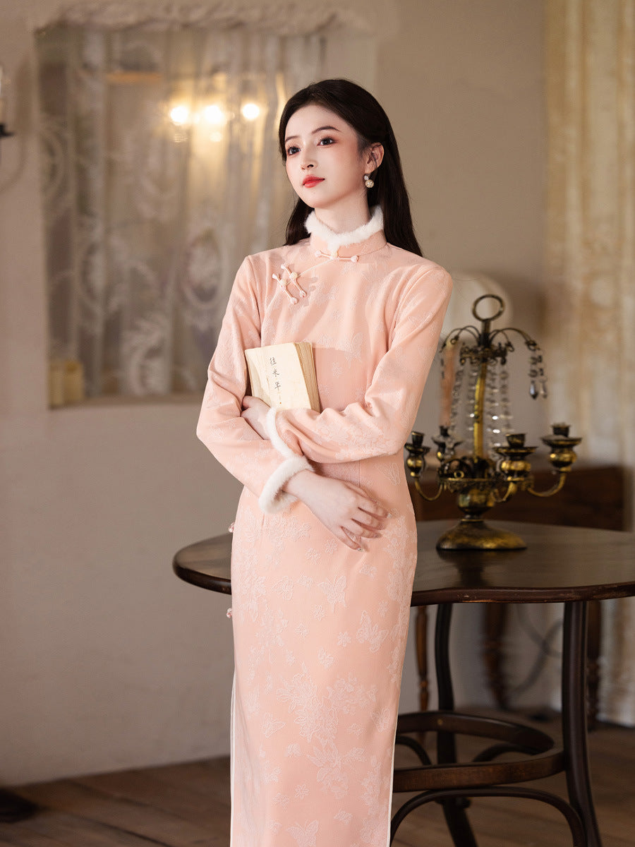 2025 Pink Velvet Cheongsam | New Chinese Style Warm Winter Dress
