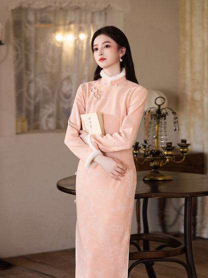 2025 Pink Velvet Cheongsam | New Chinese Style Warm Winter Dress