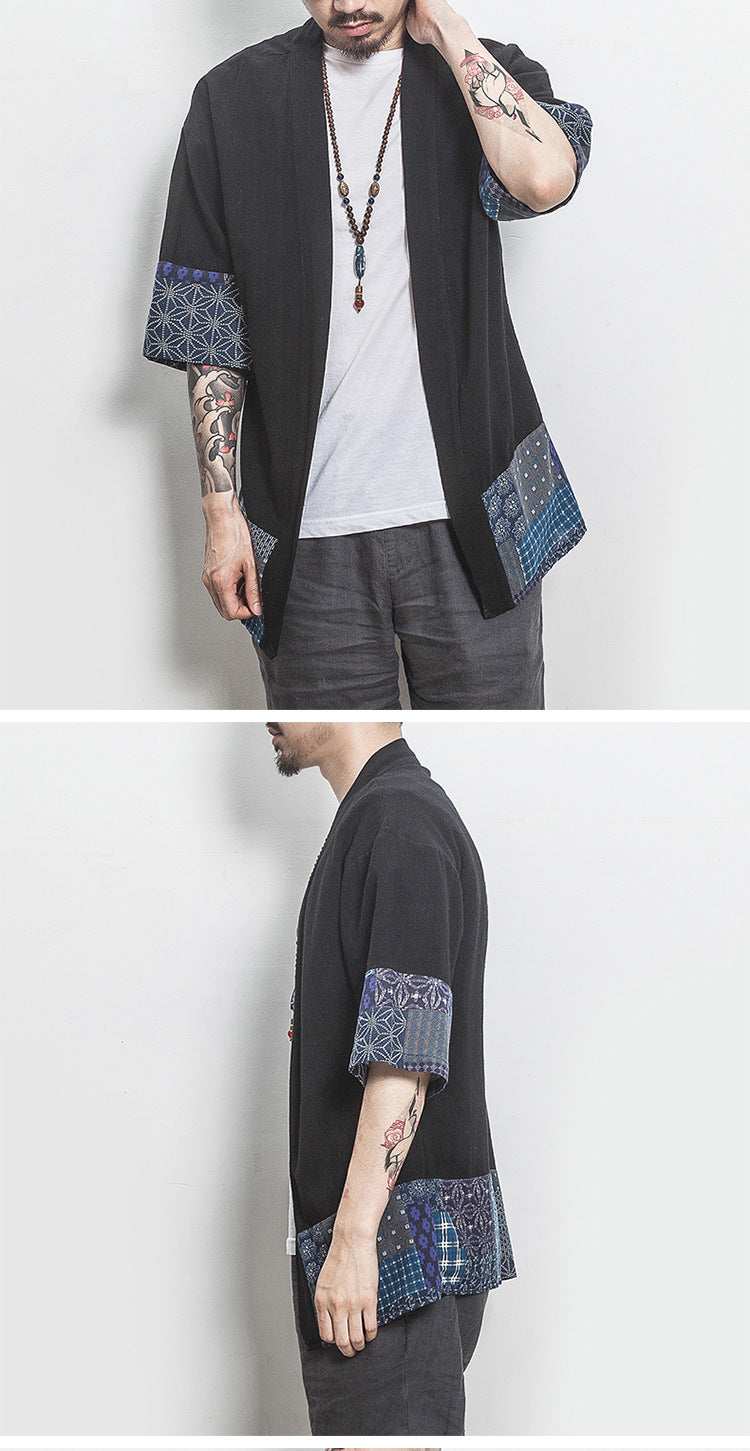Summer Chinese Hanfu Cardigan Men’s Cotton Linen Patchwork Robe