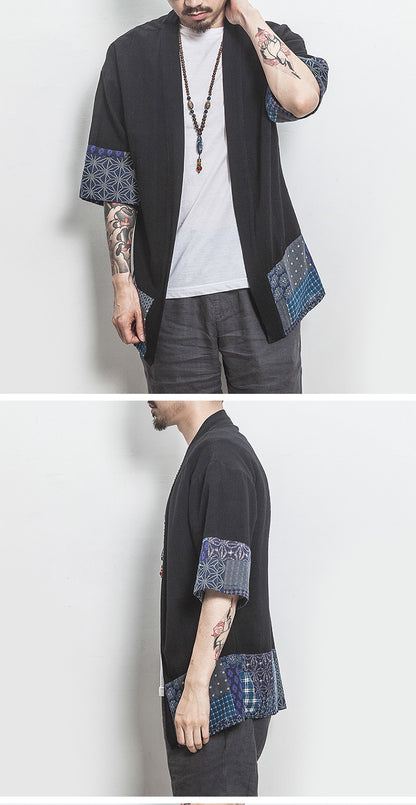 Summer Chinese Hanfu Cardigan Men’s Cotton Linen Patchwork Robe