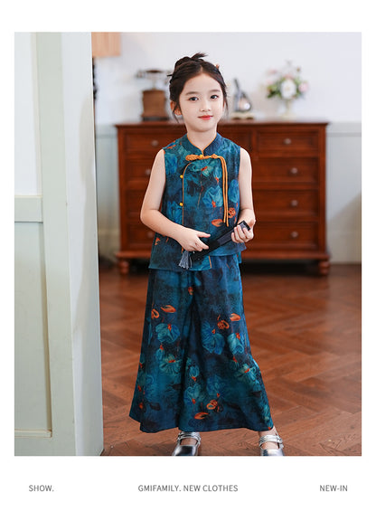 Children’s Summer Hanfu — Floral Top & Comfortable Wide-Leg Pants