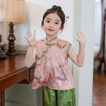 Retro Chinese Style Girls Two-Piece — Summer Cheongsam Top & Skirt