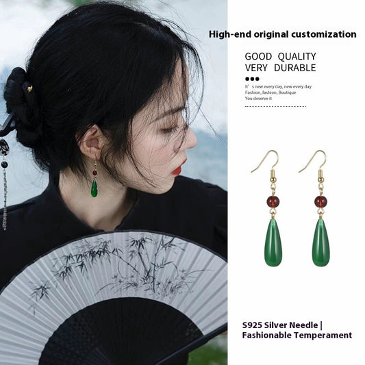 Imitation Chalcedony Green Earrings | New Chinese Style Ancient Water Drop Accessory