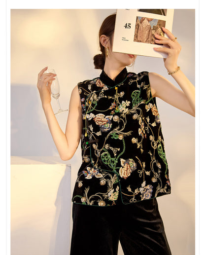 Elegant Velvet Floral Sequin Vest – High-End Women's Fashion