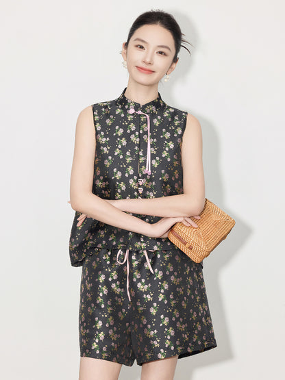 Light National Style Jacquard Sleeveless Vest & High Waist Shorts