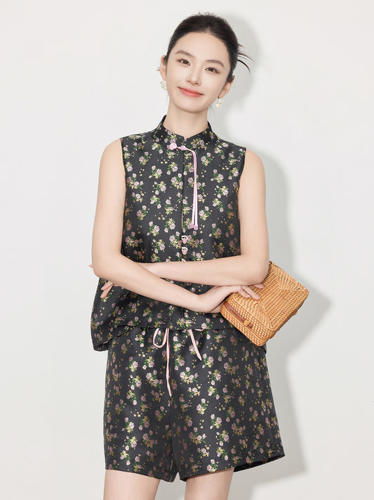 Light National Style Jacquard Sleeveless Vest & High Waist Shorts