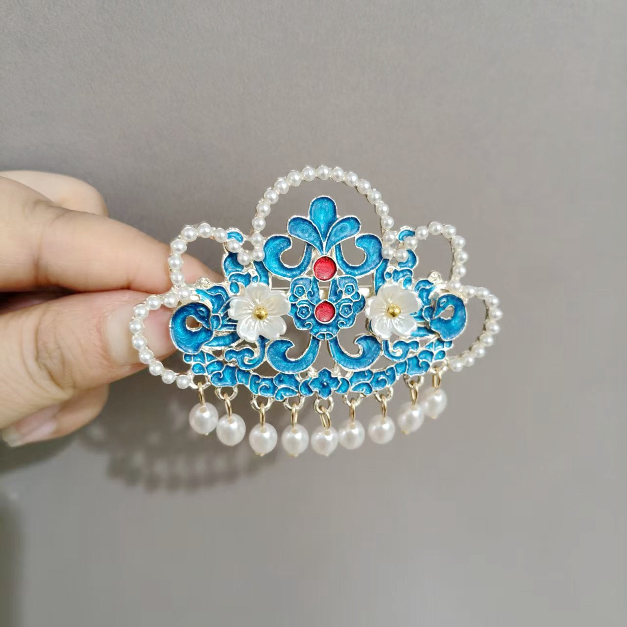 Blue Enamel Hair Clip Chinese Style Pearl Tassel Butterfly Hairpin