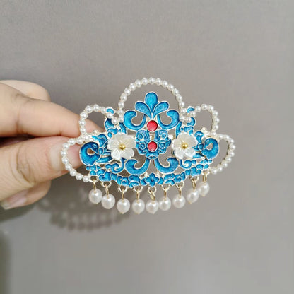 Blue Enamel Hair Clip Chinese Style Pearl Tassel Butterfly Hairpin