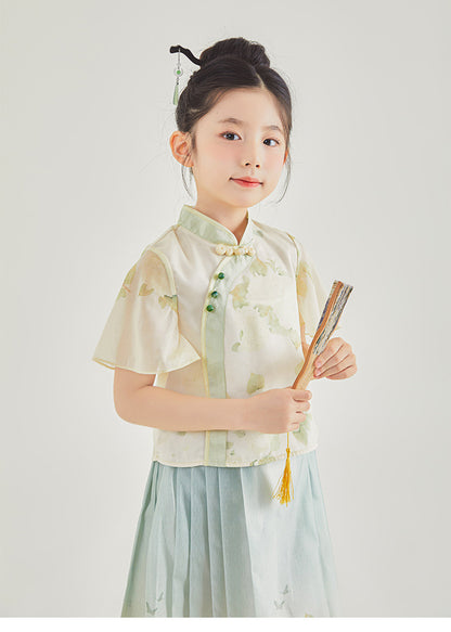 New Chinese Style Girls Outfit — Short Sleeve Shirt & Pleated Skirt