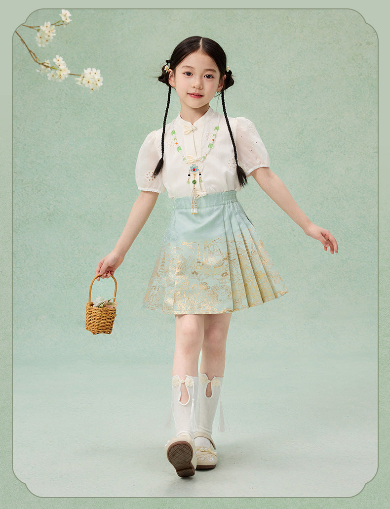 Girls Summer Hanfu Set — Short Sleeve Shirt & Mamian Skirt Two-Piece