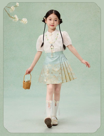 Girls Summer Hanfu Set — Short Sleeve Shirt & Mamian Skirt Two-Piece