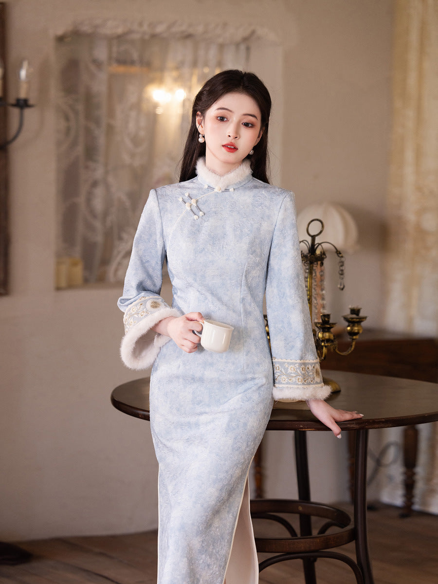 Gentle Brightening Cheongsam | New Chinese Style Winter Thickened Fleece Dress