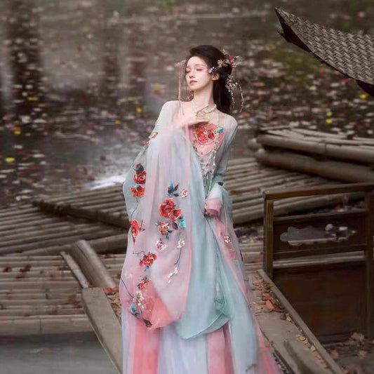 Original Hanfu Set Women's Heavy Embroidery Rose Manor Fairy Style