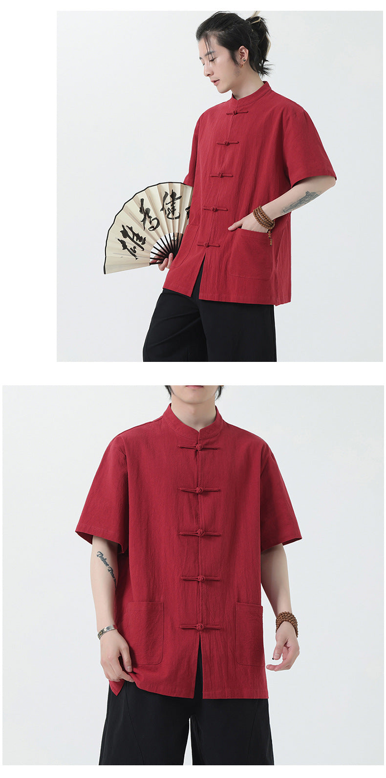 Chinese Style Mens Cotton Linen Shirt Half Sleeve Button Up Casual Top