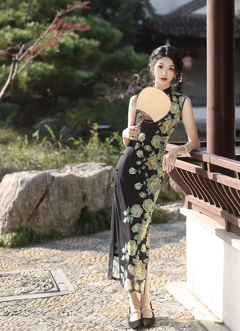 Elegant Dark Green Cheongsam – Retro Spring High-End Dress