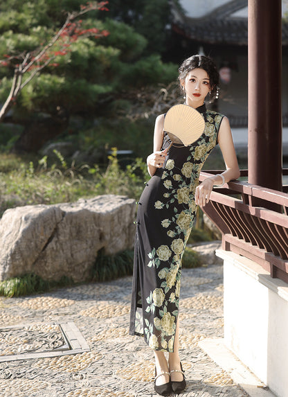 Elegant Dark Green Cheongsam – Retro Spring High-End Dress