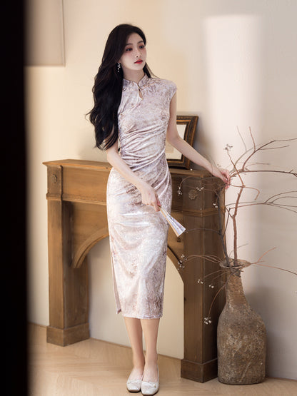 Improved Chinese Style Qipao – Everyday Wear Pink Velvet Dress