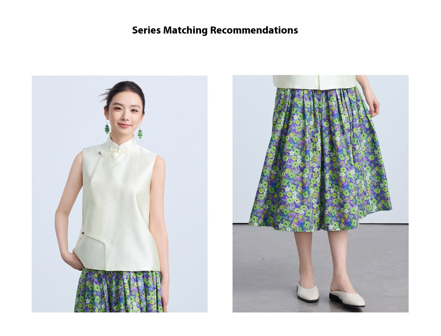 High-End Green Floral Midi Skirt with Elastic Waist