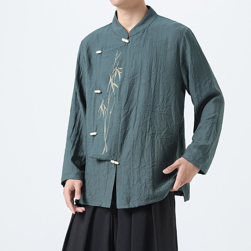 Chinese Style Mens Slanted Collar Hanfu Shirt Long Sleeve Tea Dress