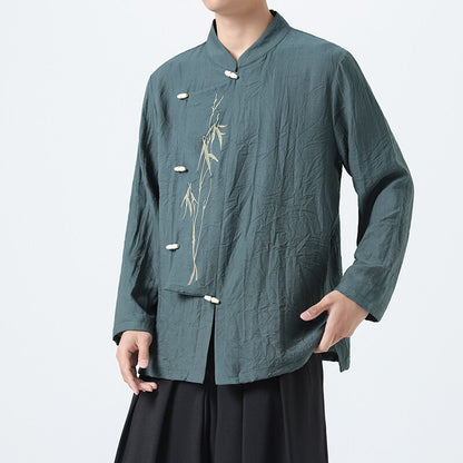 Chinese Style Mens Slanted Collar Hanfu Shirt Long Sleeve Tea Dress
