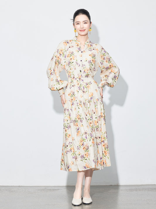 National Style Linen Floral Shirt & Skirt Two-Piece Set