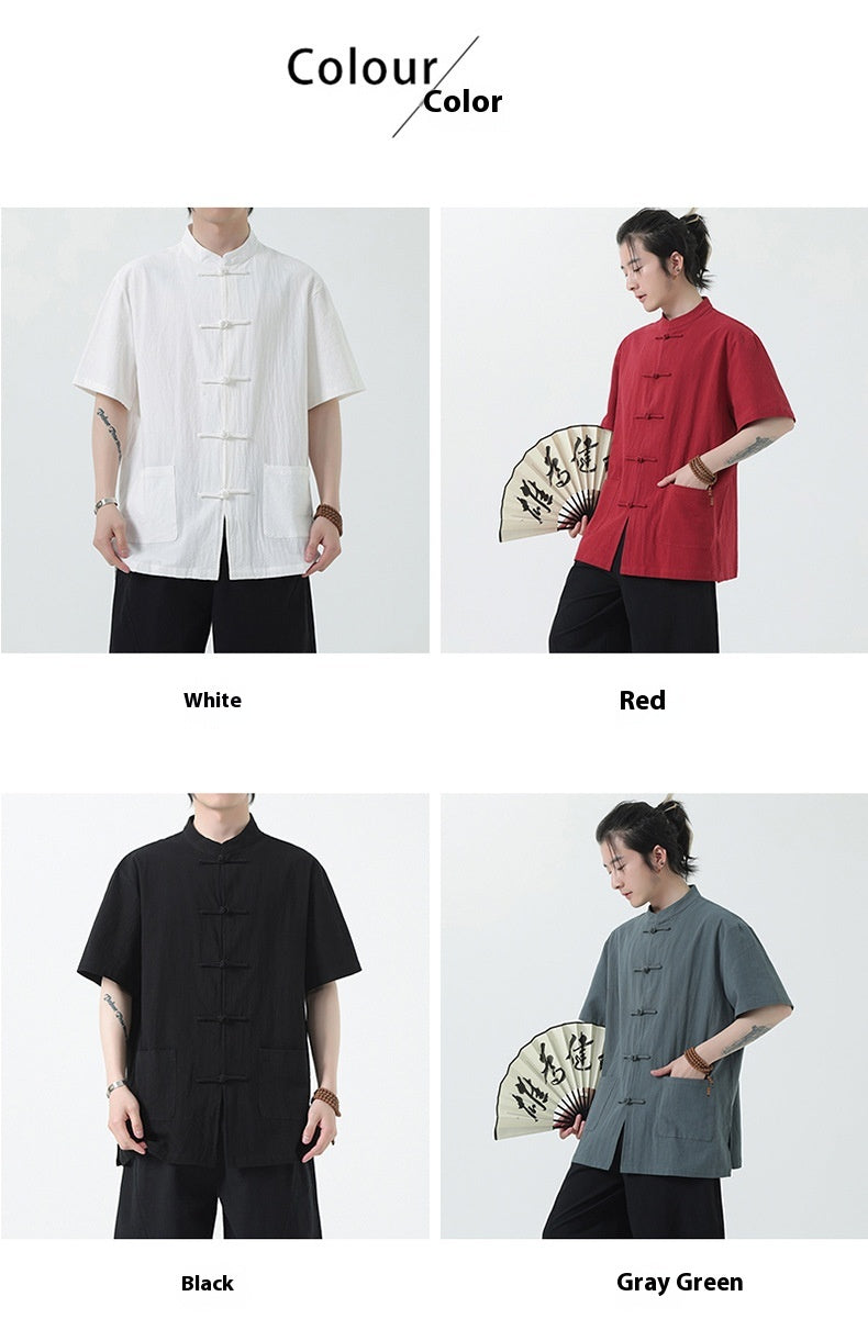 Chinese Style Mens Cotton Linen Shirt Half Sleeve Button Up Casual Top