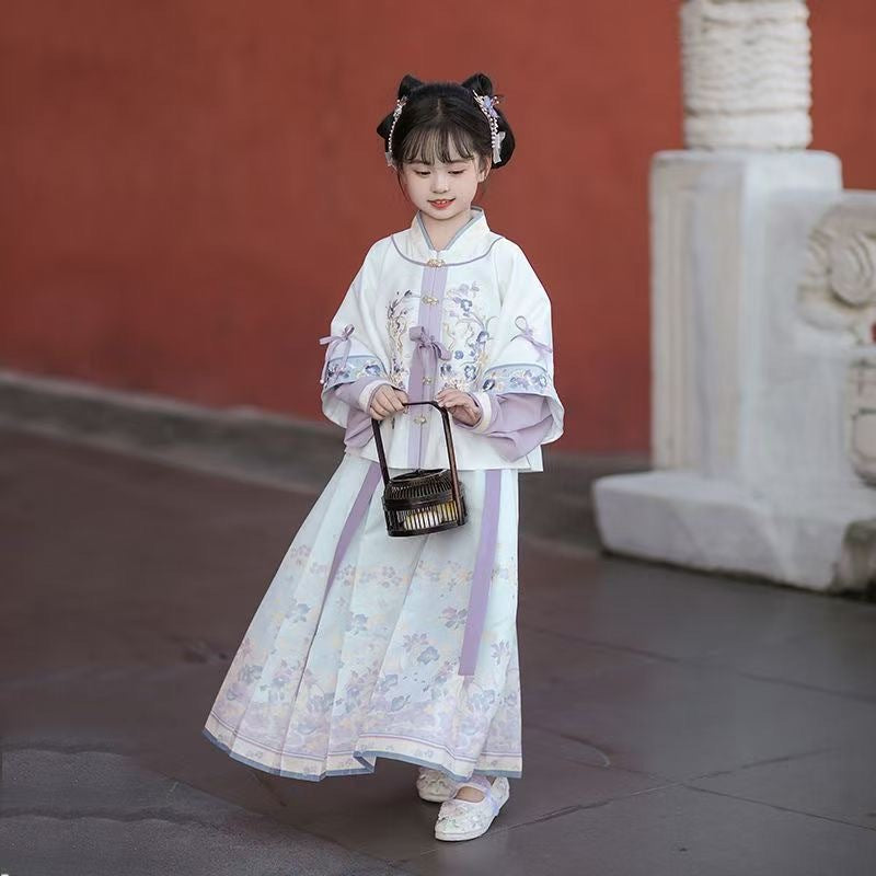 Girls’ Spring Autumn Hanfu | Ancient Style Ming Dynasty Horse Face Dress Set