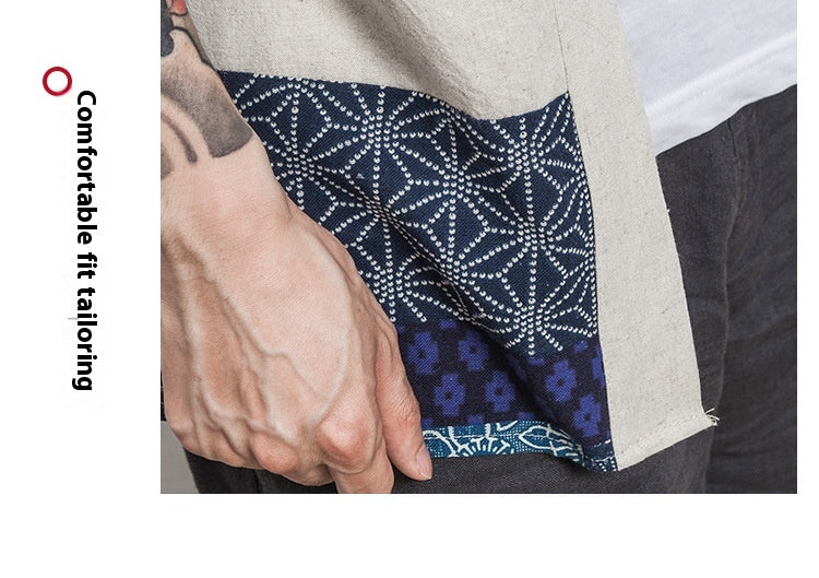 Summer Chinese Hanfu Cardigan Men’s Cotton Linen Patchwork Robe