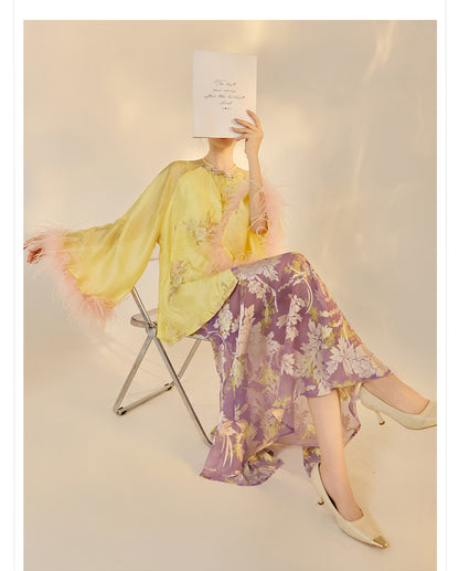 New Chinese Embroidered Feather Sleeve Patchwork Top & Skirt Set