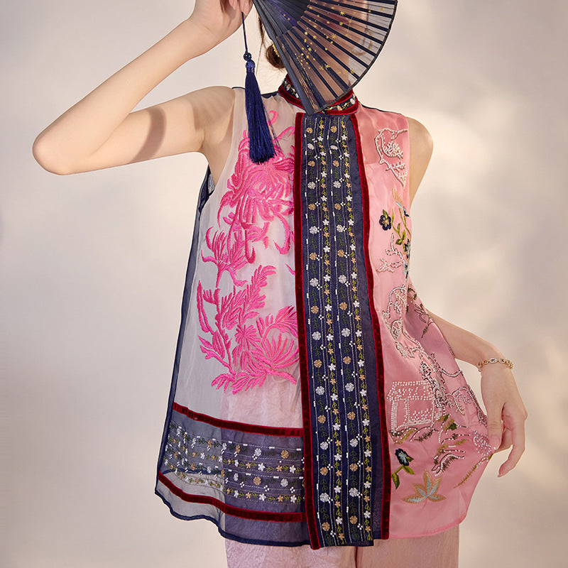 2026 New Chinese Embroidered Colorblock Mulberry Silk Vest Top
