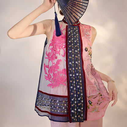 2026 New Chinese Embroidered Colorblock Mulberry Silk Vest Top