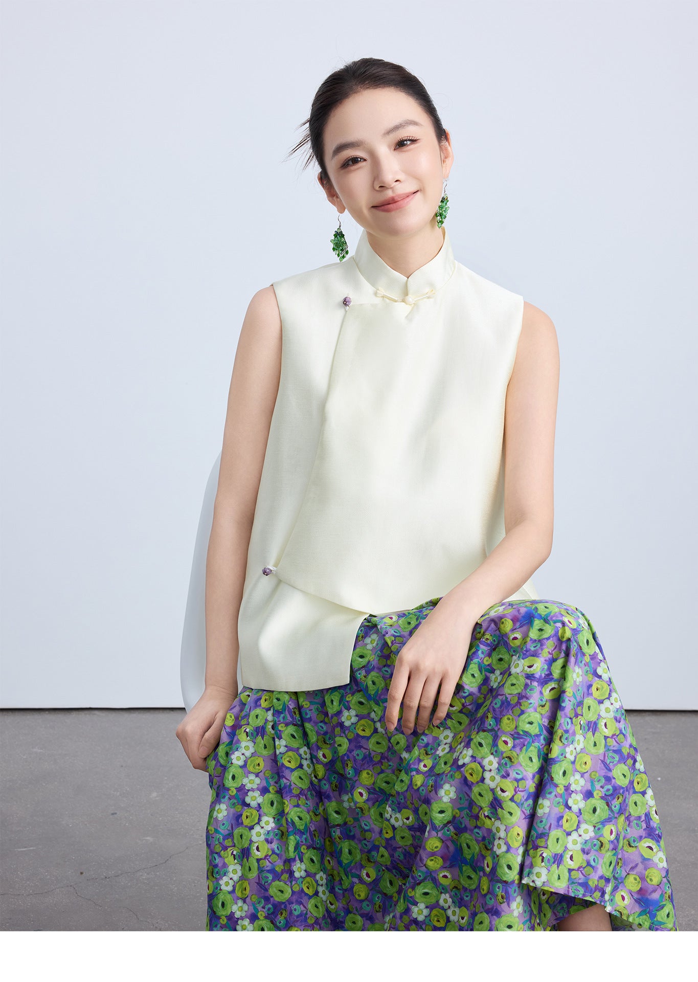 High-End Green Floral Midi Skirt with Elastic Waist