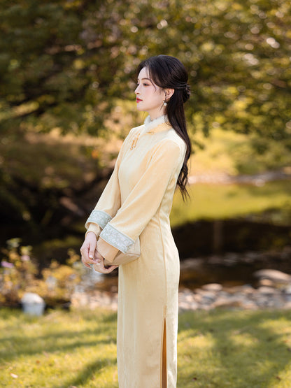 Yellow Fleece-Lined Long Sleeve Qipao | Winter New Chinese Style 2025